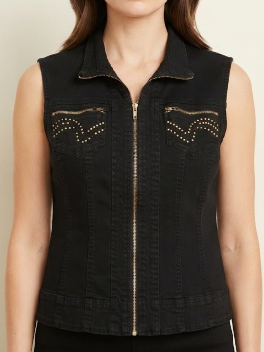 Black Denim Rhinestone & Stud-Embellished Zip-Front Tank Top